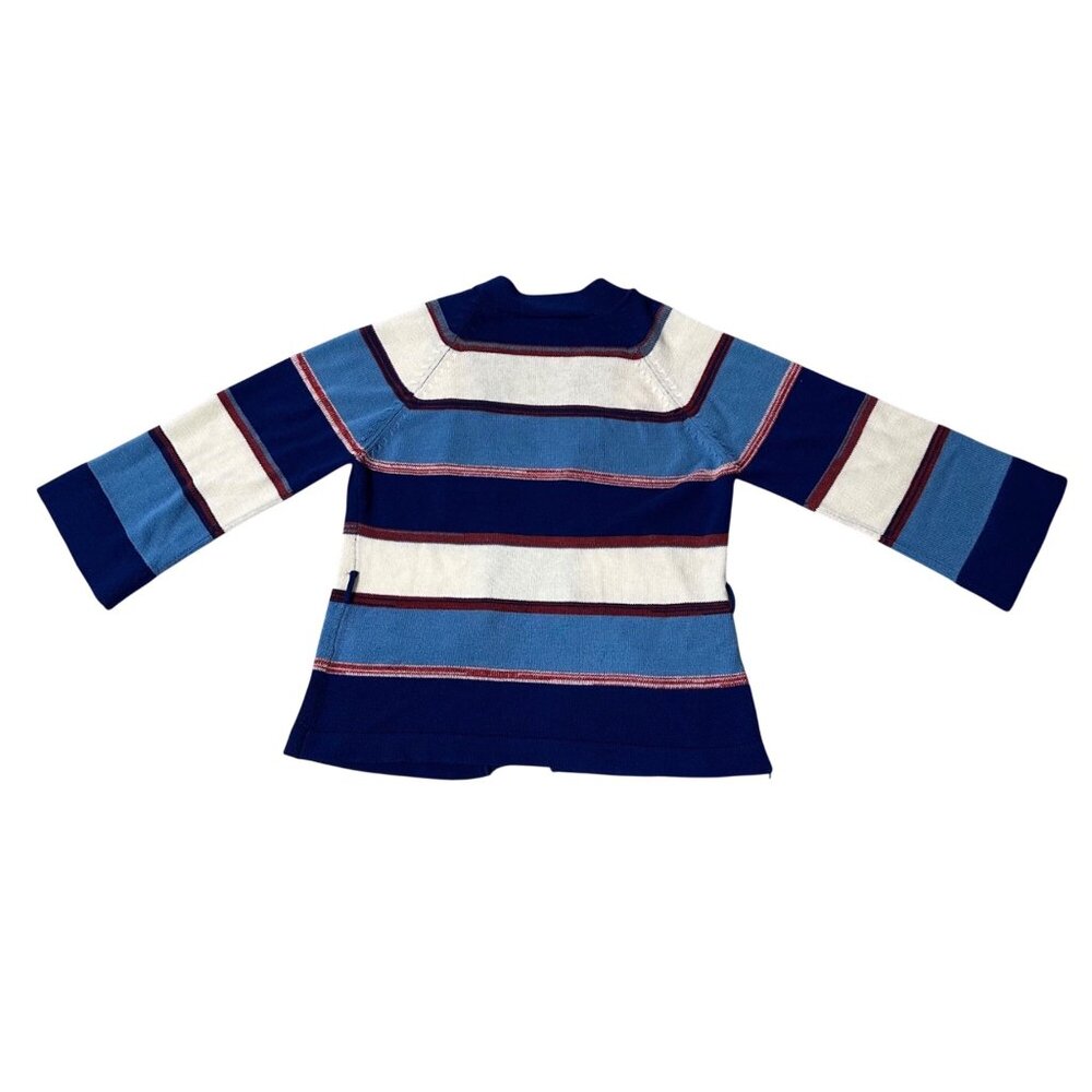 Vintage Cardigan Sweater 1970s Striped Knit Blue White Red Open Front Retro - Picture 3 of 6